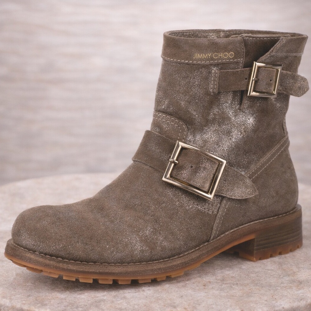 JIMMY CHOO Taupe Suede Buckle Ankle Bootie with Metallic Accents